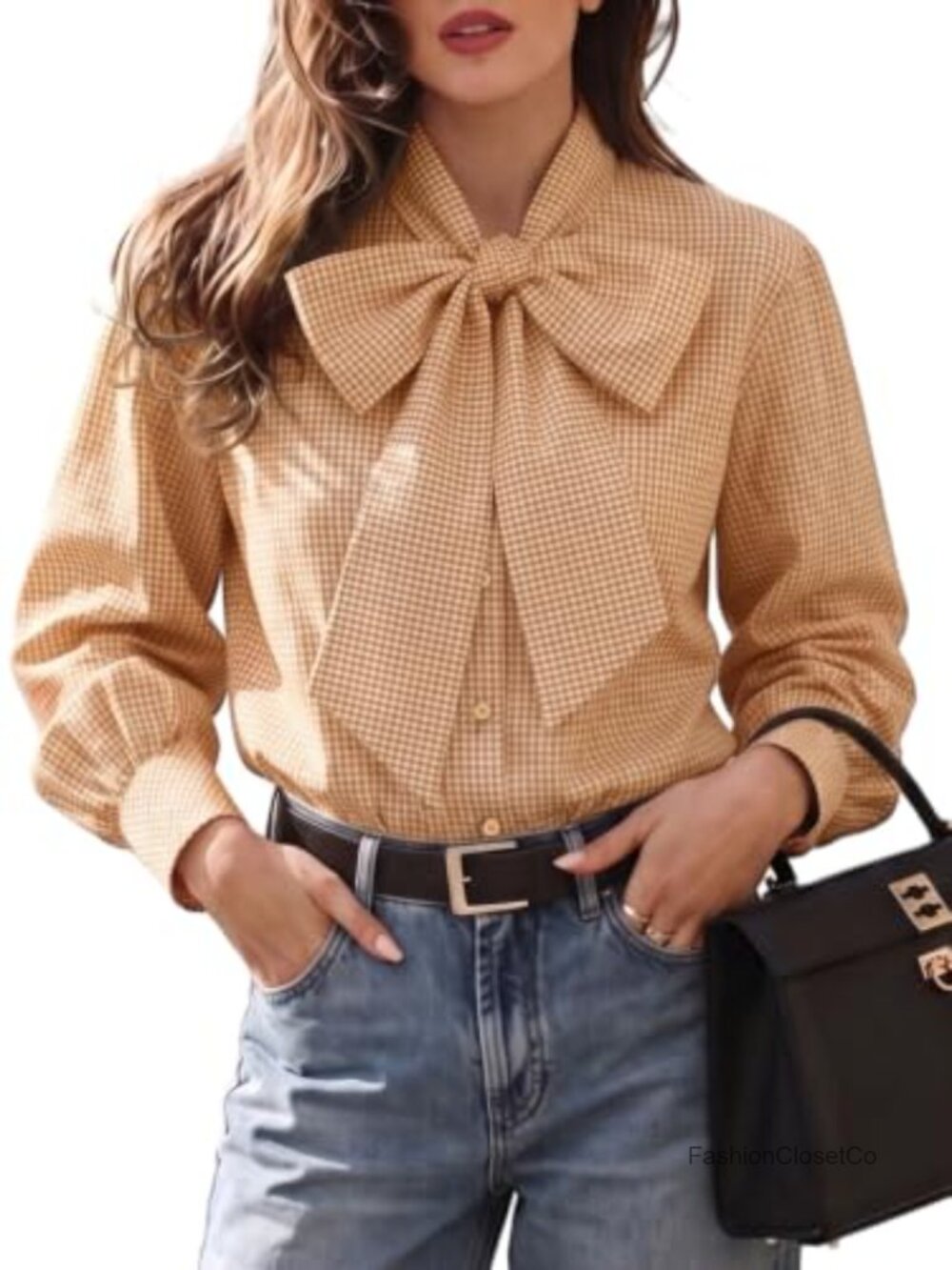 Oversize Plaid Button Down Blouse Bow Tie Neck Long Sleeve Shirt Top